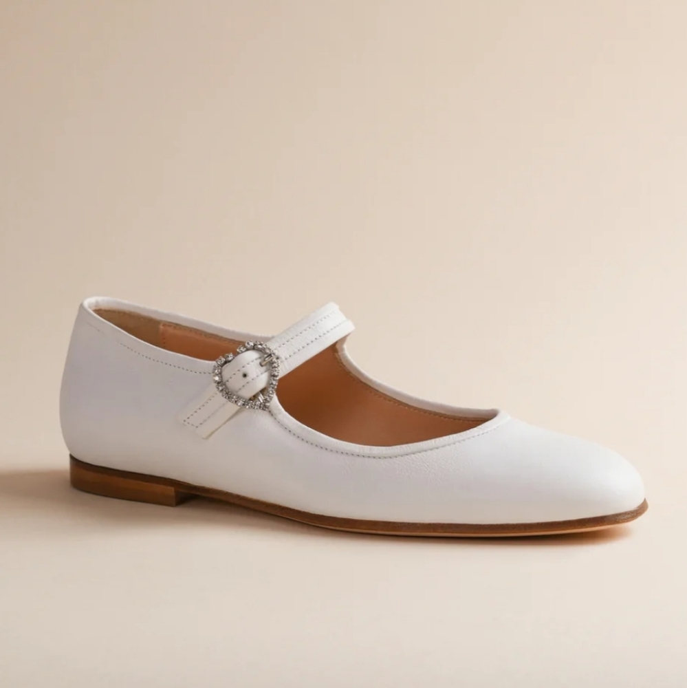 Brother Vellies White Leather Mary Jane Flats with Crystal Heart Buckle
